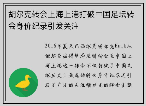 胡尔克转会上海上港打破中国足坛转会身价纪录引发关注